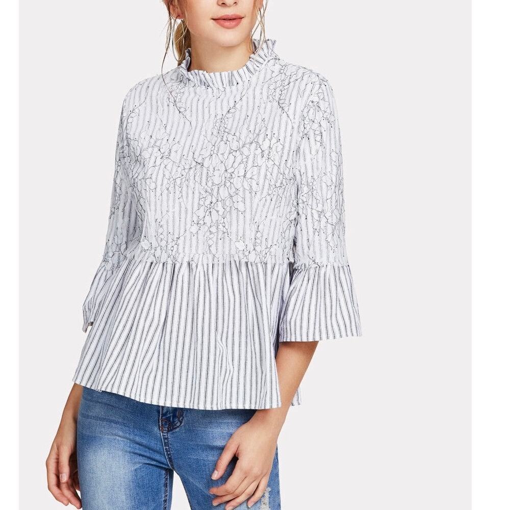 Hannah Lace Stripe Peplum Blouse Mock Neck Small